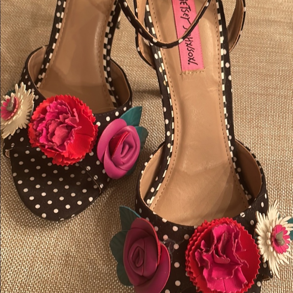 Betsy Johnson black and white polka dot ankle strap sandals